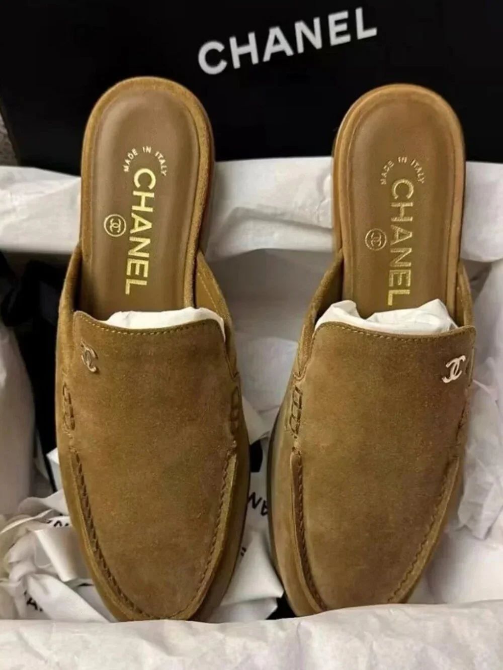 Chanel Tan Suede CC Logo Backless Loafer Mules